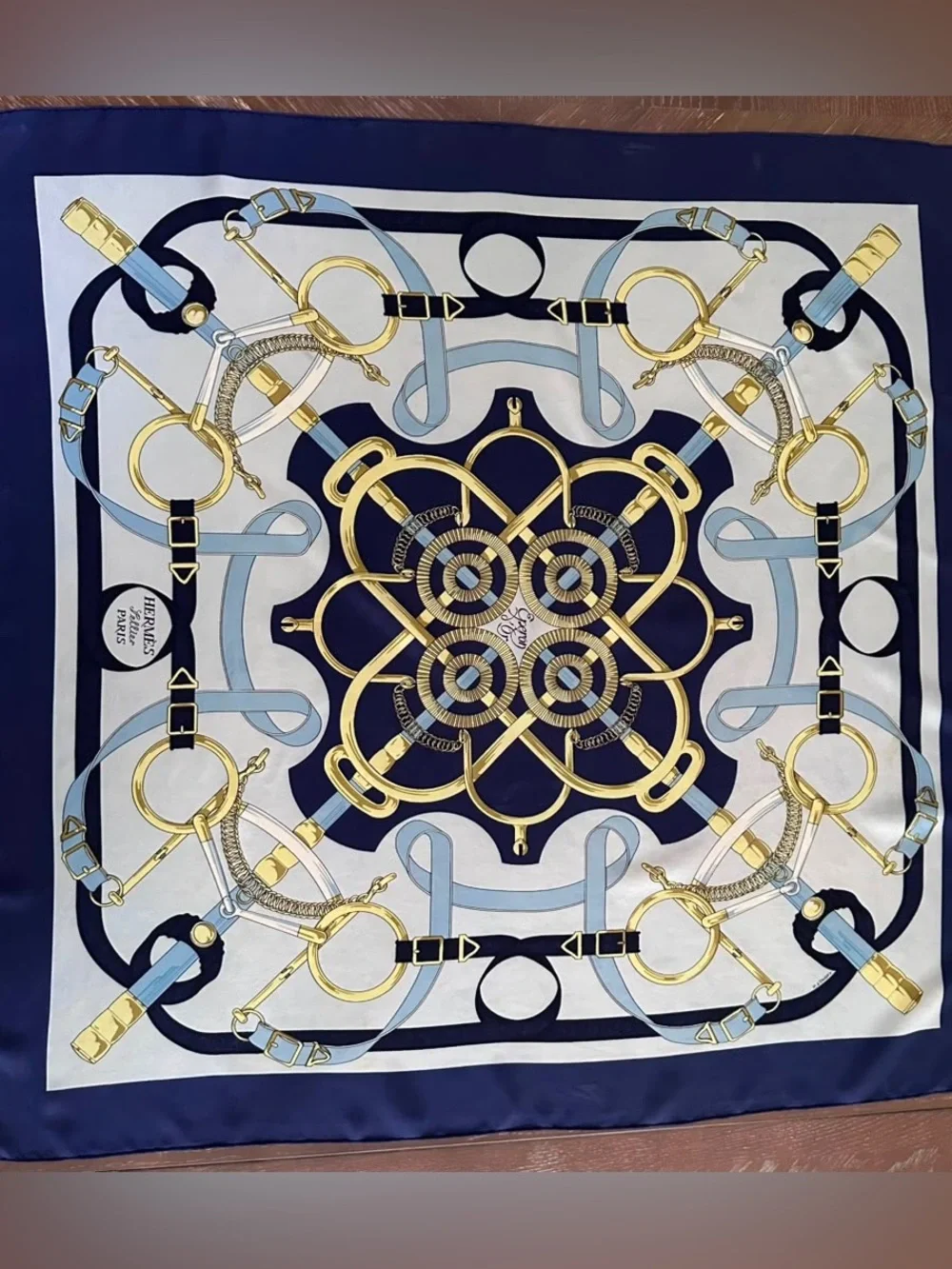 Hermes Silk Scarf Blue White Hand Rolled Made in France